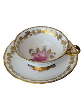 Royal Chelsea Bone China Tea Cup and Saucer Set, White and Gold Vintage